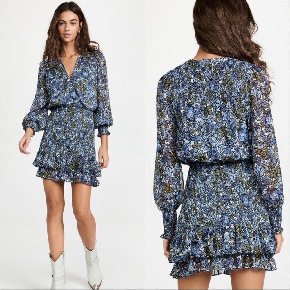 Veronica Beard Saera Floral Smocked Ruffle Mini Dress Blue Multi Crepe Size 16